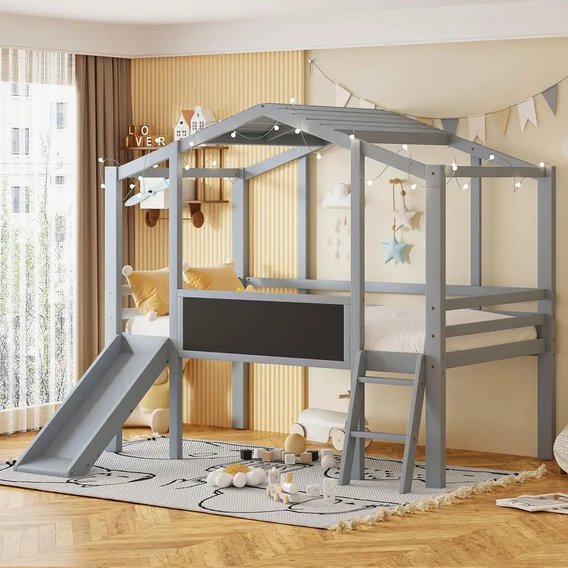 Kids’ Loft House Bed With Ladder, Slide, Roof Light Strip, And Playboard 2