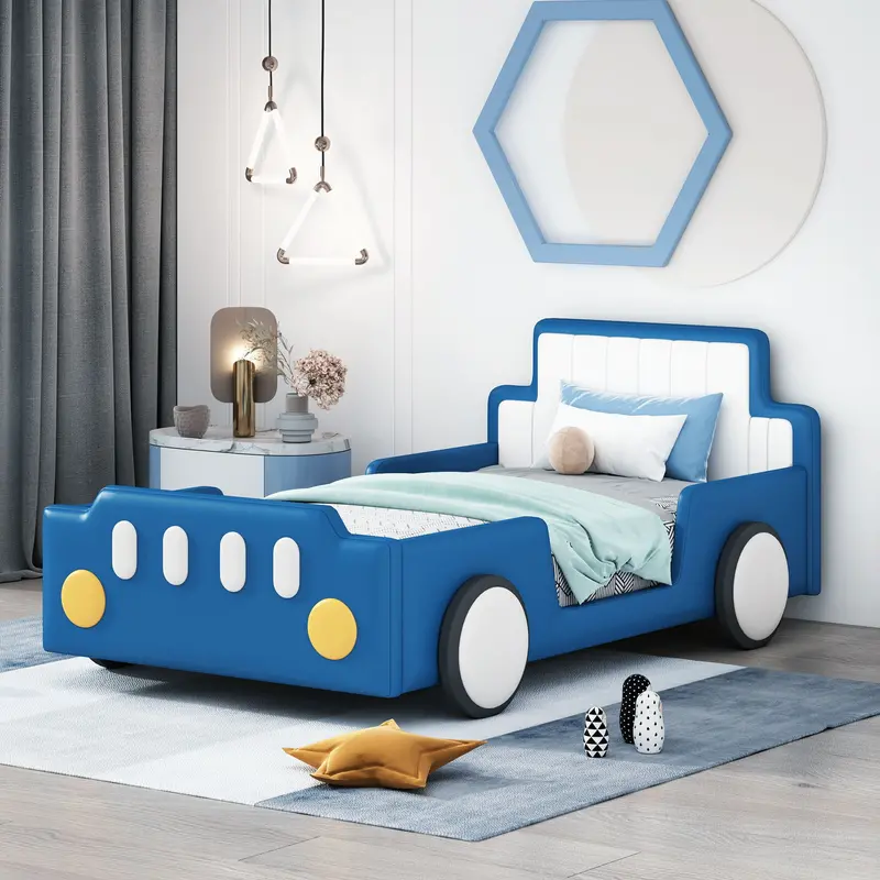 Kids’ Racing-Themed Platform Bed With Rolling Wheel Design And Sturdy Frame 2