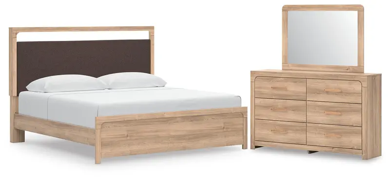 Kinlanni King Upholstered Platform Bed, Dresser & Mirror Set 1