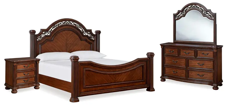 Lavinton Queen Poster Bed Set: Mirrored Dresser & Nightstand 1