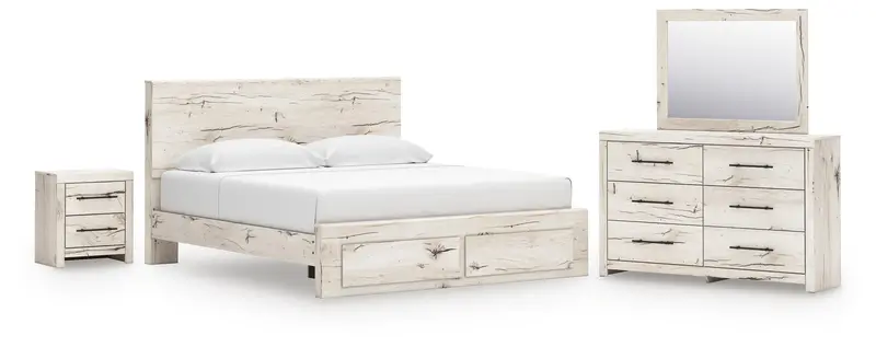 Lawroy King Storage Panel Bed Set Featuring Dresser, Mirror, And Nightstand 1