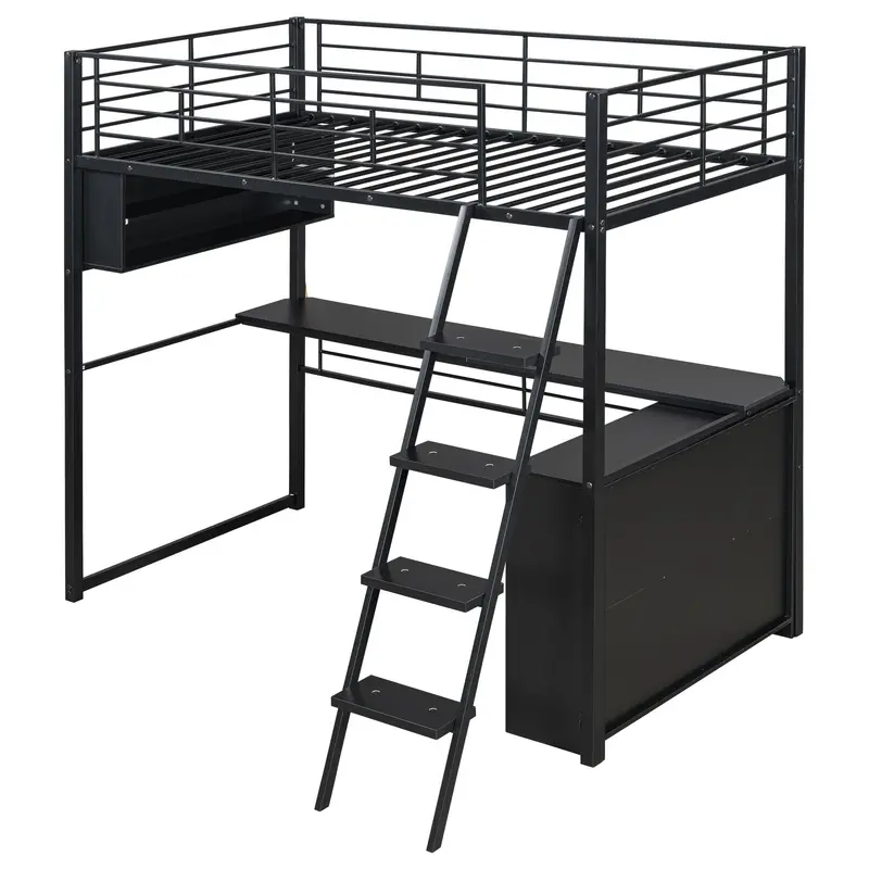 Led-Equipped Loft Bed With Integrated Desk And Four-Tier Adjustable Storage Shelves 1