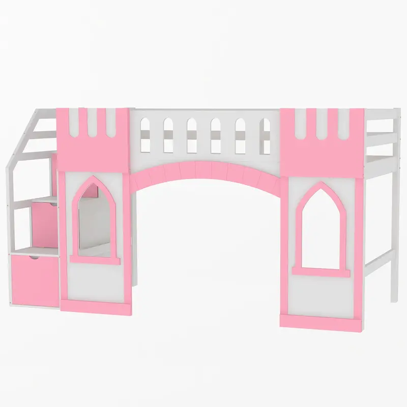 Loft Bed With Accessible Storage Staircase And Decorative Window Accents 2