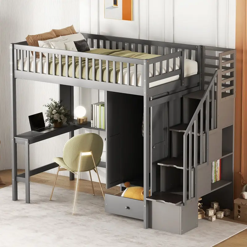 Loft Bed With Bookcase, Drawers, Study Desk, And Wardrobe Combo 1
