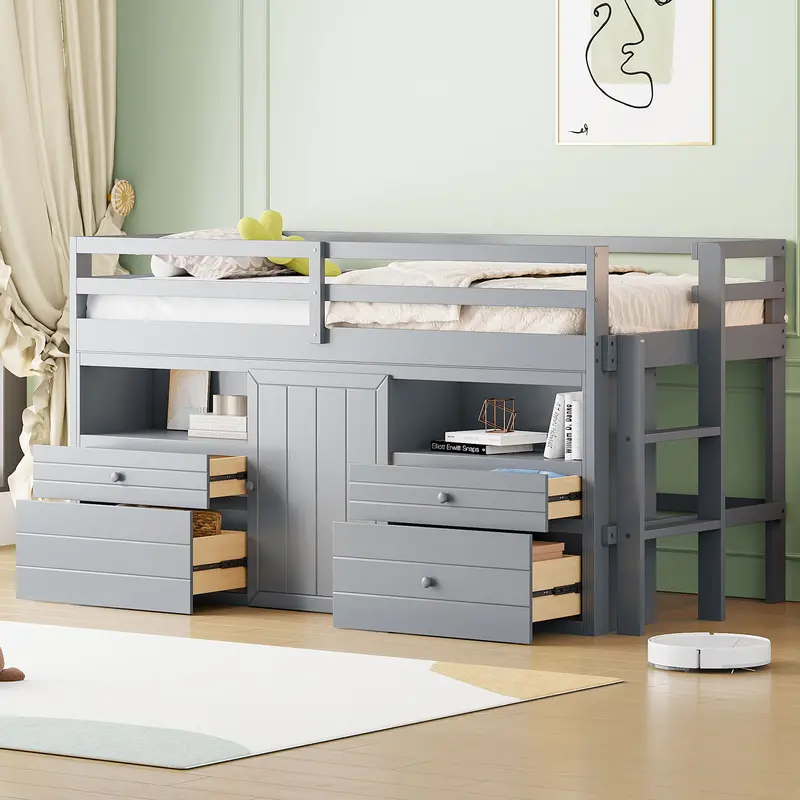 Loft Bed With Four Drawers, Under-Bed Cabinet, And Open Shelving Unit 2