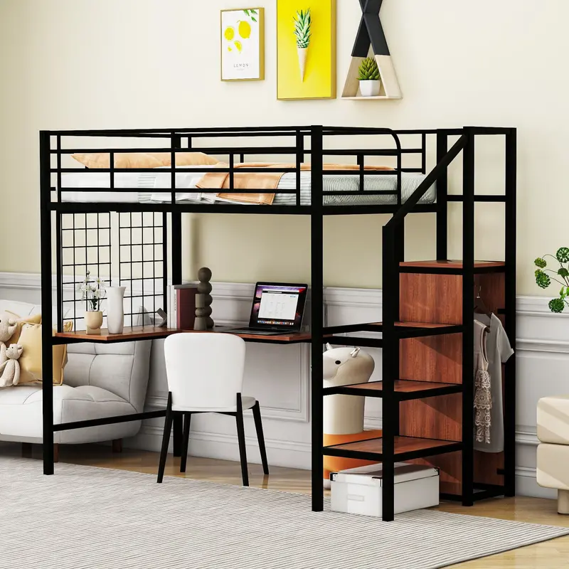 Loft Bed With Integrated Desk, Grid Accent Panel, Lateral Storage Ladder, And Wardrobe Unit 3