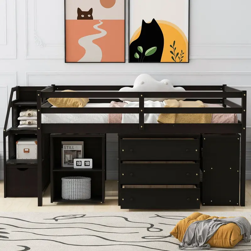Loft Bed With Retractable Desk, Three Storage Drawers, Staircase Shelving, And Hidden Compartments 1