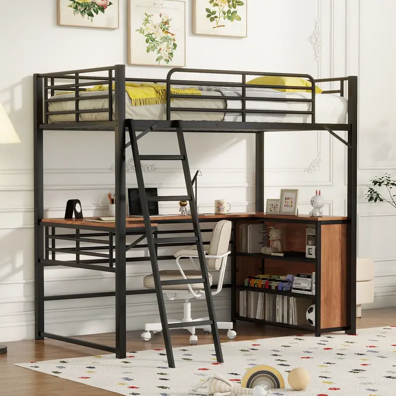 Loft Bed With Three-Tier Shelving And Custom L-Shaped Workstation 1