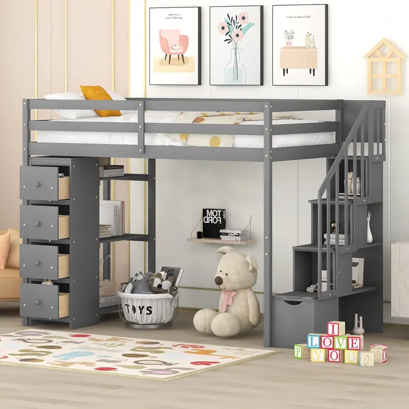 Loft Bed With Under-Stair Drawers, Shelved Steps, And Integrated Workspace 2