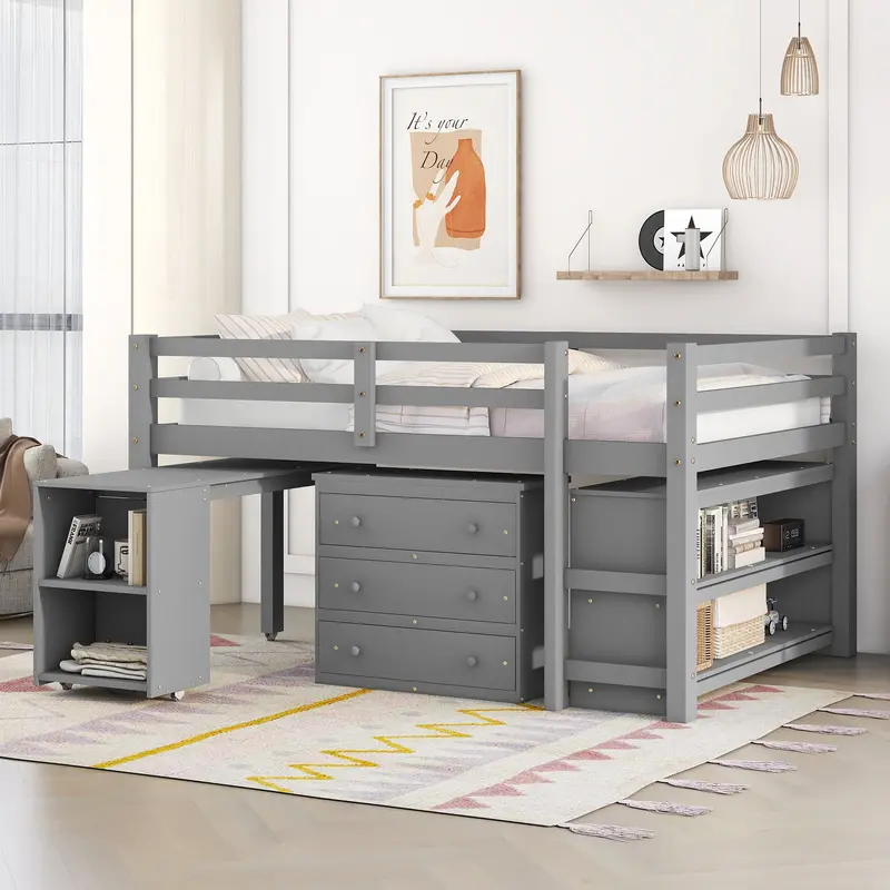 Loft Study Bed – Low-Profile Design With Cabinet, Shelves & Mobile Desk 1