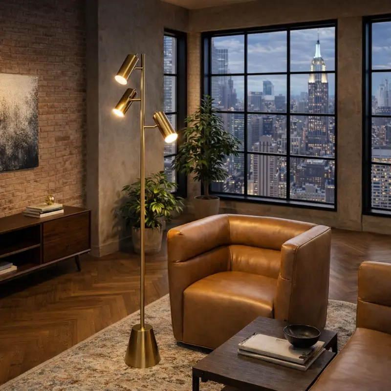 Lumina Triple-Spot Floor Lamp With Rotating Switch And Gold Cone Base 1