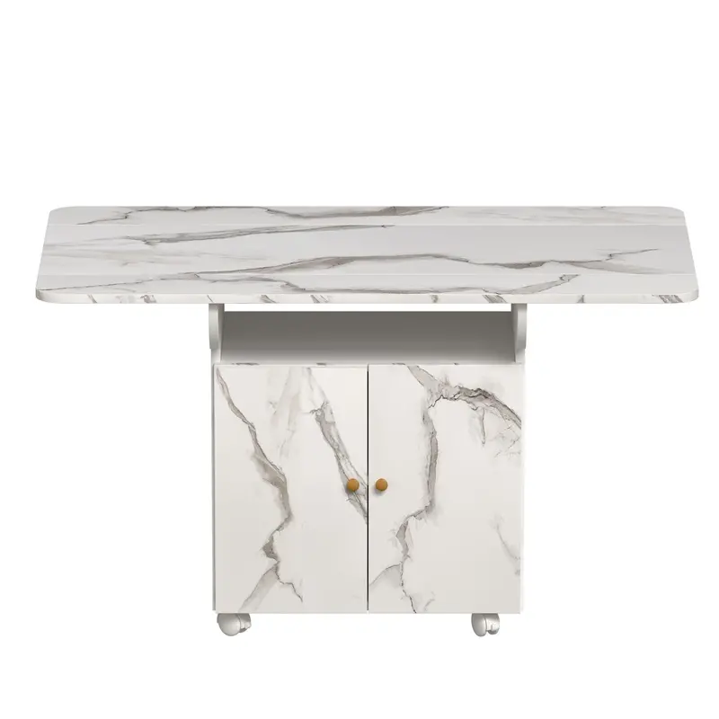 Marble-Look Folding Dining Table With Integrated Storage Rack, Cabinet, And 6 Swivel Casters – Pure White 1