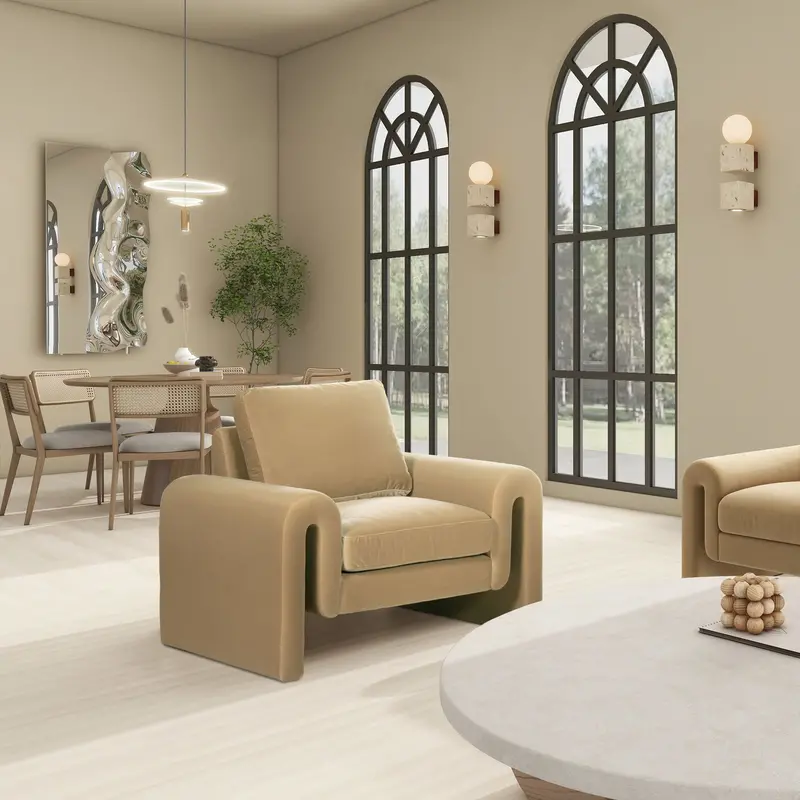 Mason Arched Armchair – Camel Brown Beige Linen-Blend Seating 1