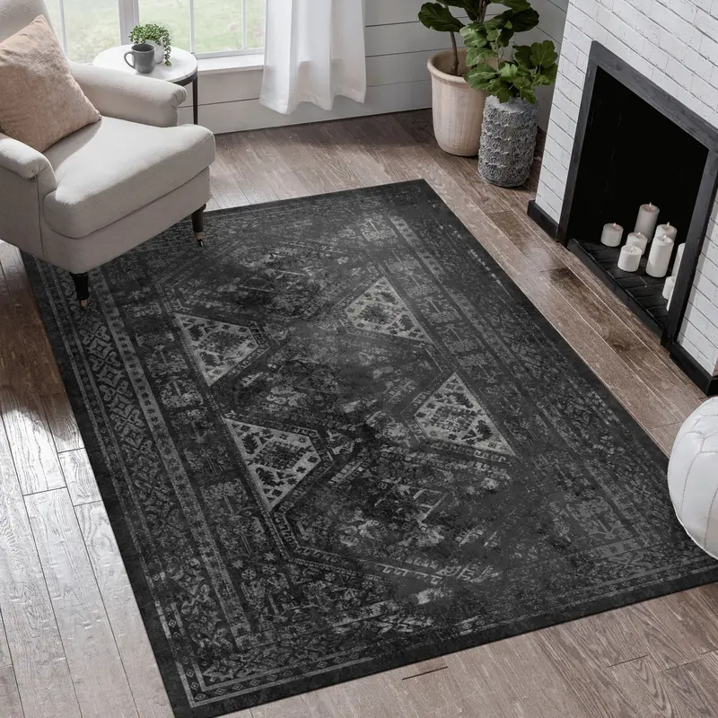 Maval Black And Gray Washable 8' X 10' Area Rug 1