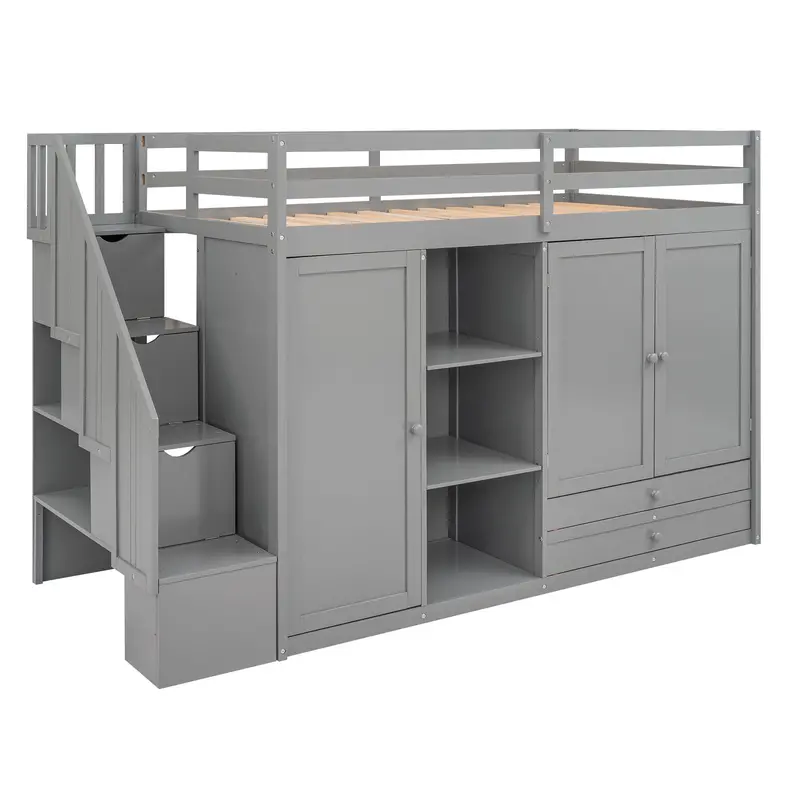 Maximized Loft Bed With Triple Shelving, Dual Wardrobe Sections, Two Drawers, And Ladder With Hidden Storage 2