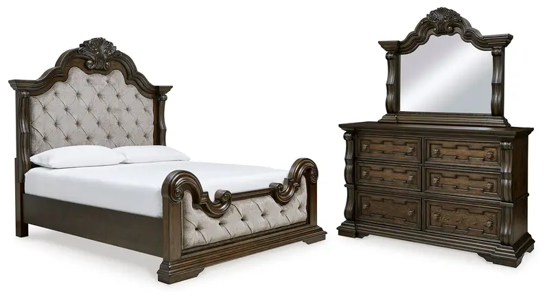 Maylee California King Upholstered Bed Set With Mirrored Dresser 1