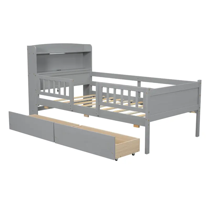 Minimalist Platform Bed With Soft-Glow Led Accents, Multi-Functional Headboard, Safety Guardrail, And Dual Storage Drawers 1