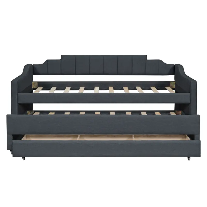 Minimalist Upholstered Daybed With Hidden Trundle And Three Underframe Drawers 1