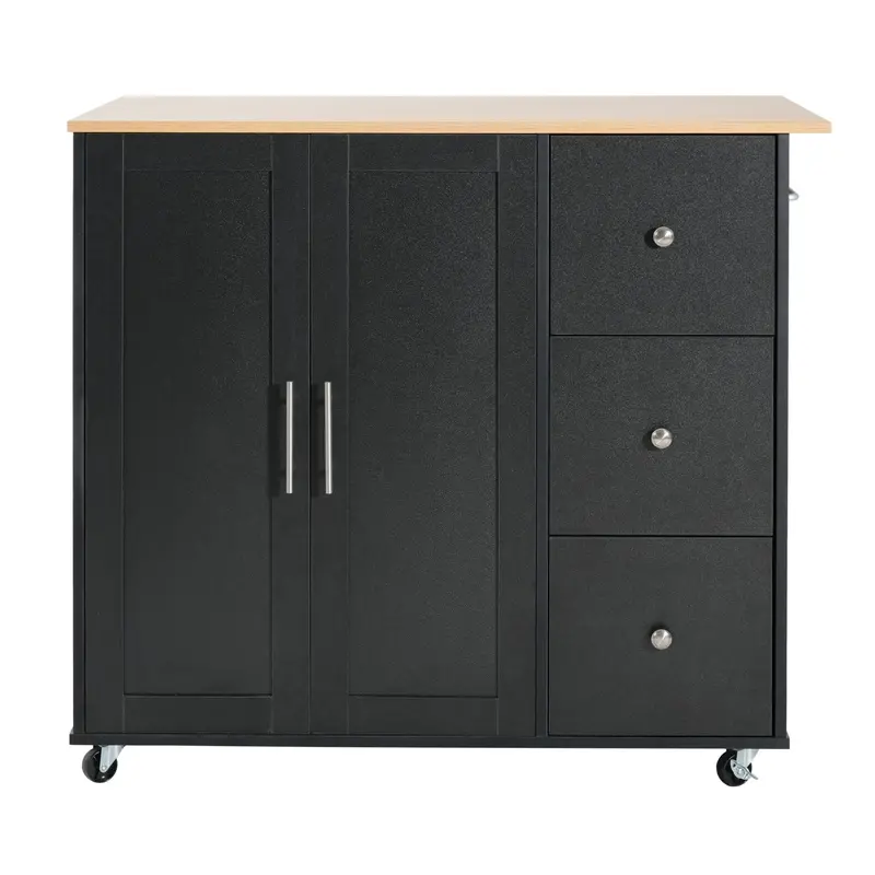 Mobile Kitchen Cart – Black And Natural Wood Finish With 2 Doors, 3 Drawers, And Adjustable Shelf 1