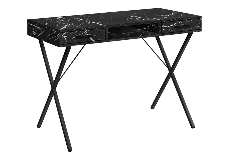 Modern Black Computer Desk With Marble-Look Laminate Top And Dual-Side Storage Drawers 1