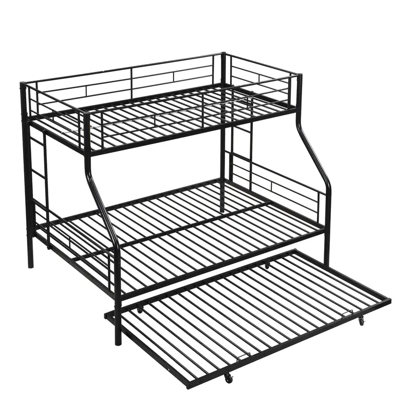 Modern Black Metal Twin-Over-Full Bunk Bed With Underbed Trundle 1