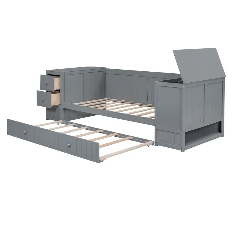 Modern Daybed With Storage Armrests, Expandable Trundle, And Built-In Charging Station 2
