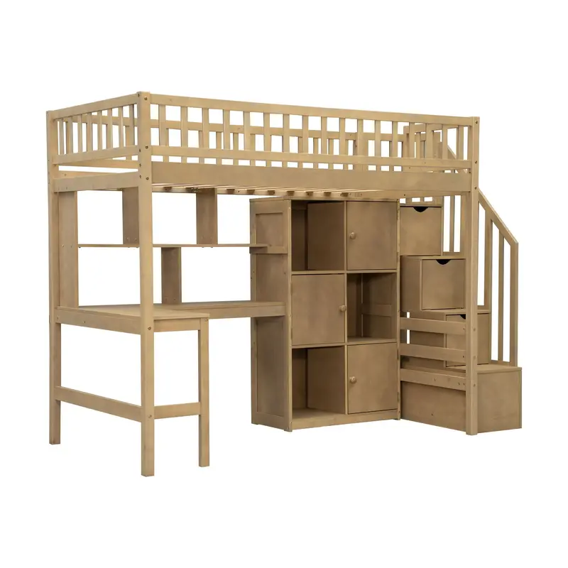 Modern Loft Bed Featuring L-Shaped Built-In Desk, Led Lighting, Integrated Shelving, Cabinet Storage, And Access Staircase 1