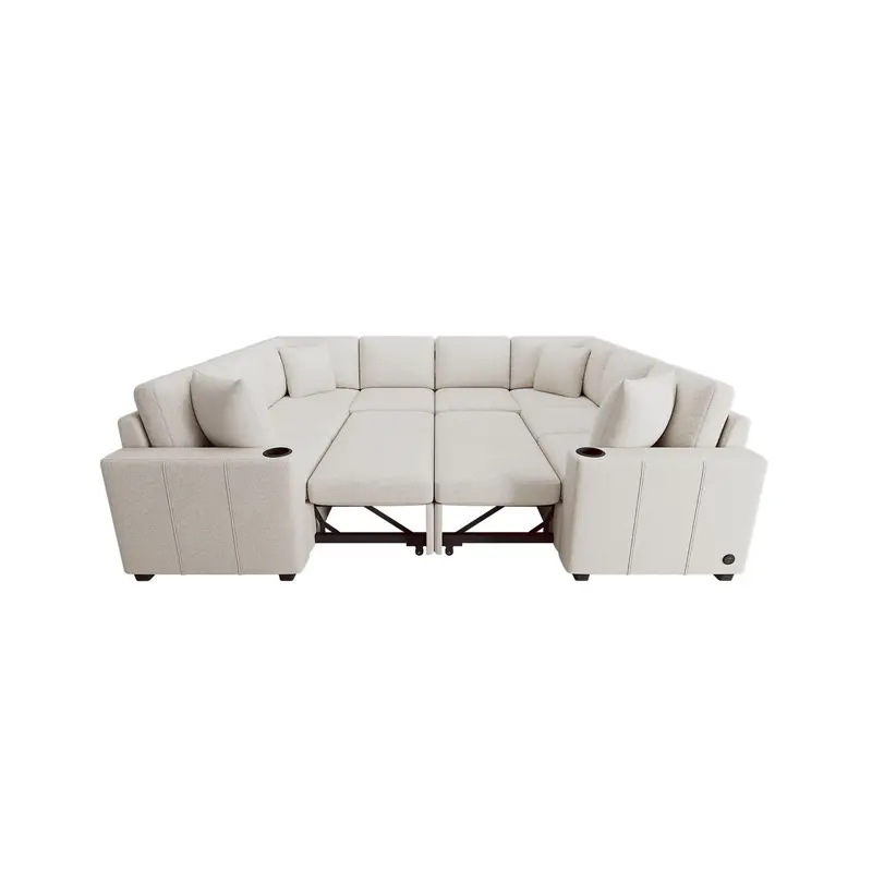 Modern U-Shaped Sectional Sofa – Convertible Sleeper With Usb Ports And Cup Holders 1