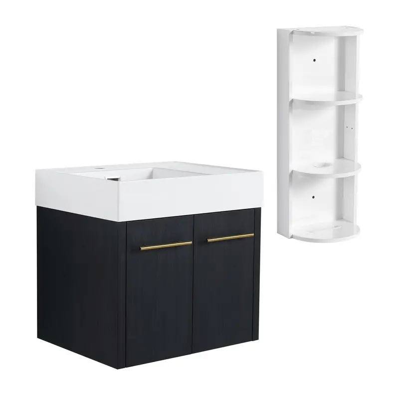 Modern Wall-Mounted Vanity With Thick-Edged Resin Sink And Vertical Storage Rack 1