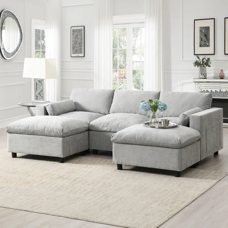 Modular U-Shaped Cloud Sofa Set With Storage Pockets, Movable Ottomans, And Customizable Layout 1