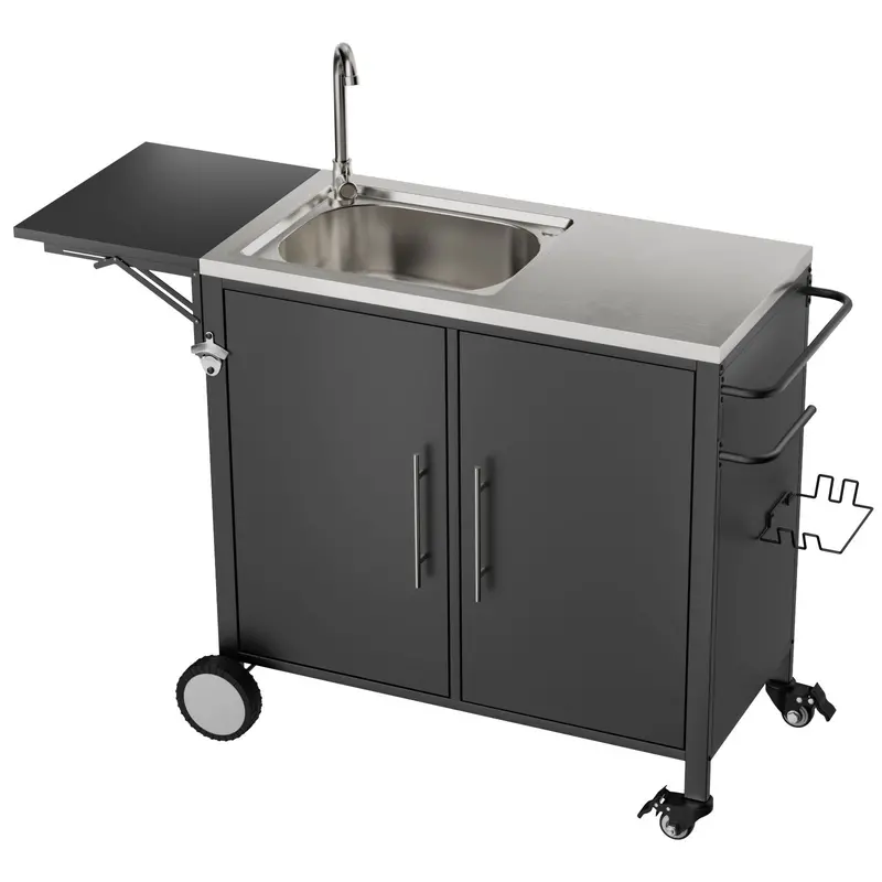 Multi-Functional Outdoor Grill Island: Foldable Top, Sink, Cabinet & Wheeled Base – Black 1