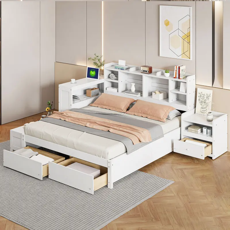 Multi-Functional Platform Bed With Integrated Nightstand, Dual Drawers, Usb Charging Ports, And Compact Desk 1