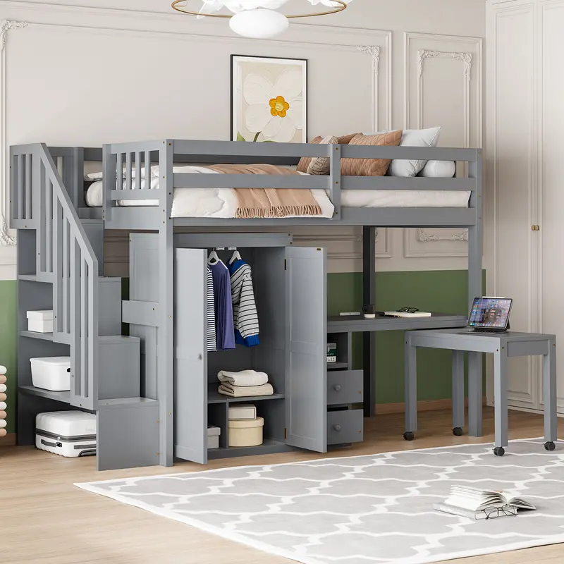 Multifunctional Loft Bed With Staircase, Bookshelf, Desk, Drawers, And Wardrobe 1