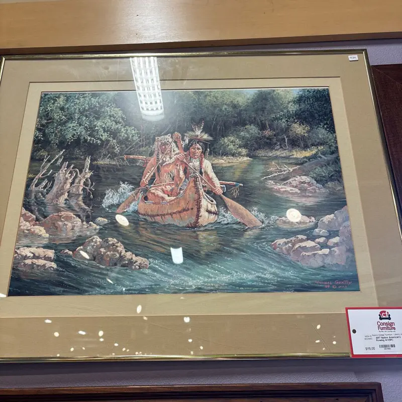 Native American Rowing Scene Art – Hand-Painted Cultural Narrative Print (Sk) 1