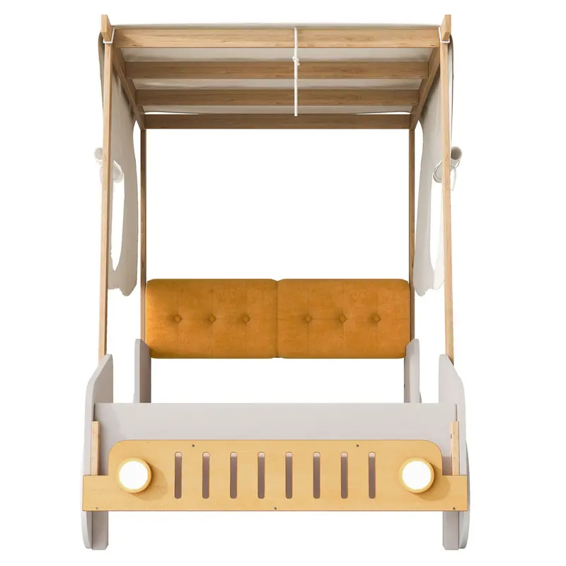 Natural Twin Car-Shaped Bed With Pillow, Ceiling Drape & Led Lights 1