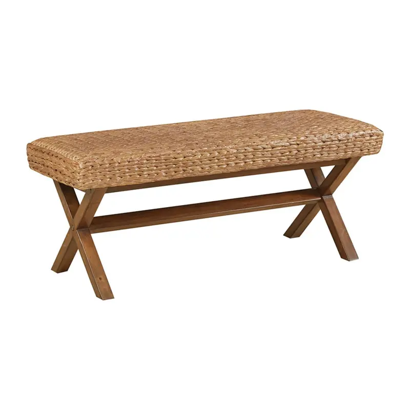 Natural Water Hyacinth Seat Bench With Brown Woven Texture And Wooden Frame 1