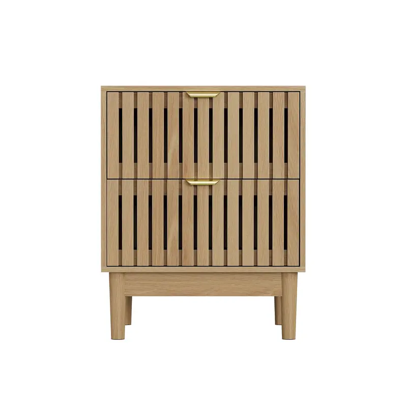 Oak-Finished Grille-Style Bedside Table With Two Drawers 1
