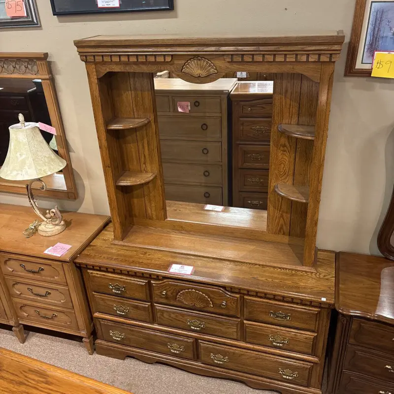 Oak-Finished Long Dresser Featuring Full-Length Mirror (Amk) 1