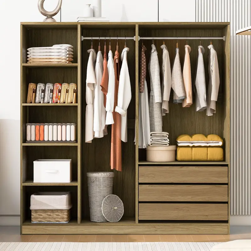 Open-Frame Bedroom Wardrobe With Adjustable Shelves And Triple Storage Drawers 1
