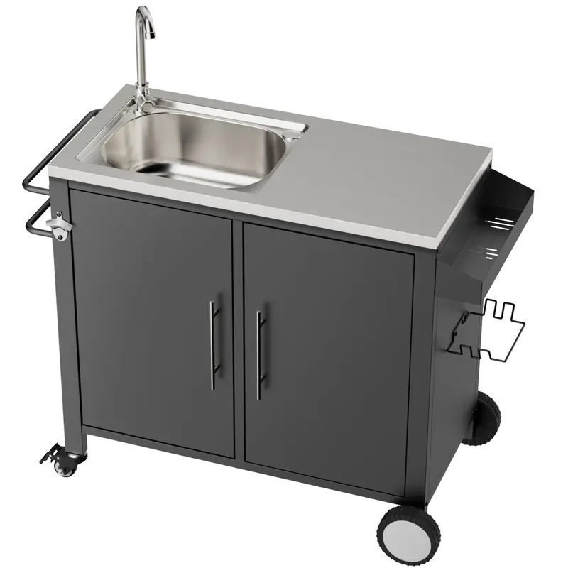 Outdoor Grill Cart With Built-In Sink, Storage Cabinet & Casters – Black/Silver 1