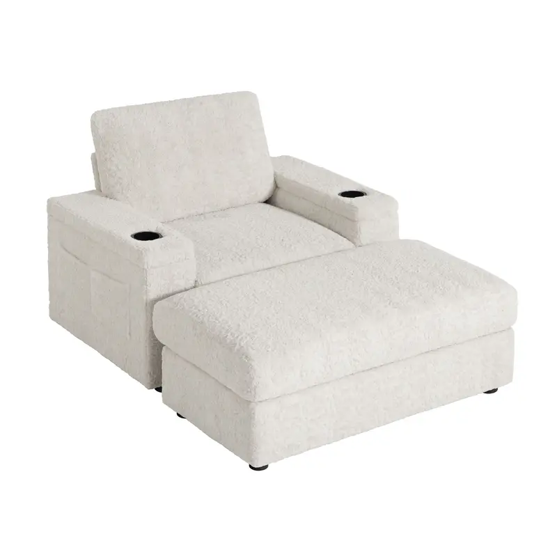 Oversized Chaise Lounge Sofa Bed With Rabbit Fur Upholstery, Deep Seat, Storage Ottoman, Armrests, And Cup Holders 4