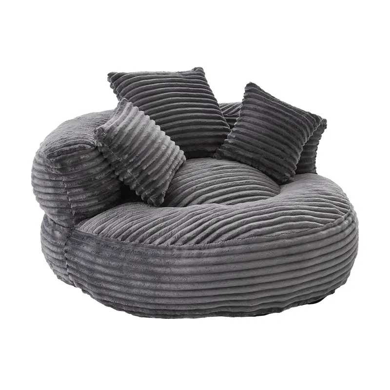 Oversized Dark Gray Bean Bag Chair With Armrests & Three Decorative Pillows 1