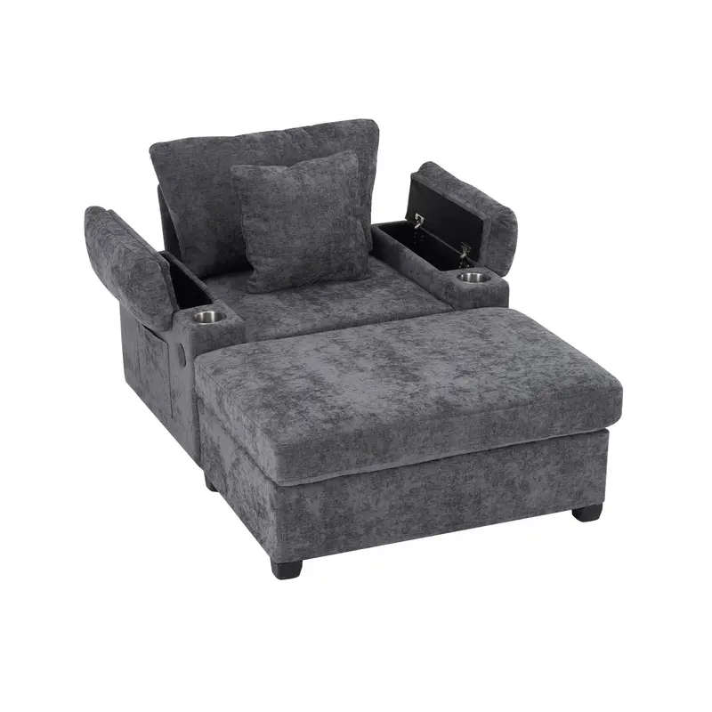 Oversized Modern Lounge Chair With Matching Ottoman, Built-In Cupholders & Usb Charging 2