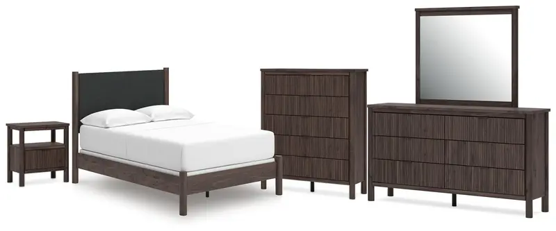 Pamytta Full-Size Upholstered Panel Bedroom Set: Bed, Dresser, Mirror, Chest & Nightstand 1