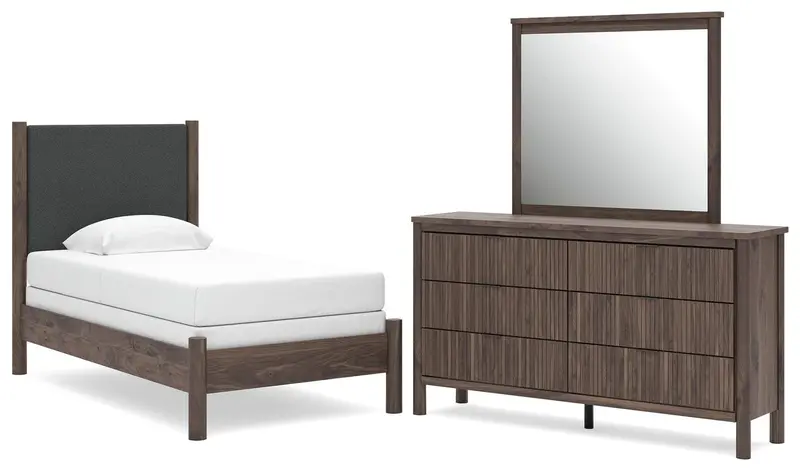 Pamytta Twin Upholstered Panel Bed Ensemble: Dresser And Mirror 1