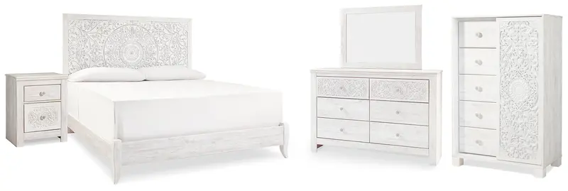Paxberry King Panel Bed Collection With Mirror Dresser, Chest, And Nightstand 1