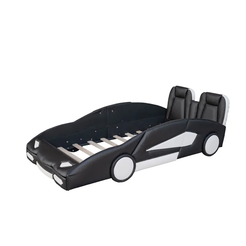 Pine Wood Race Car Twin Bed With Rolling Wheel Details And Functional Under-Bed Storage 1