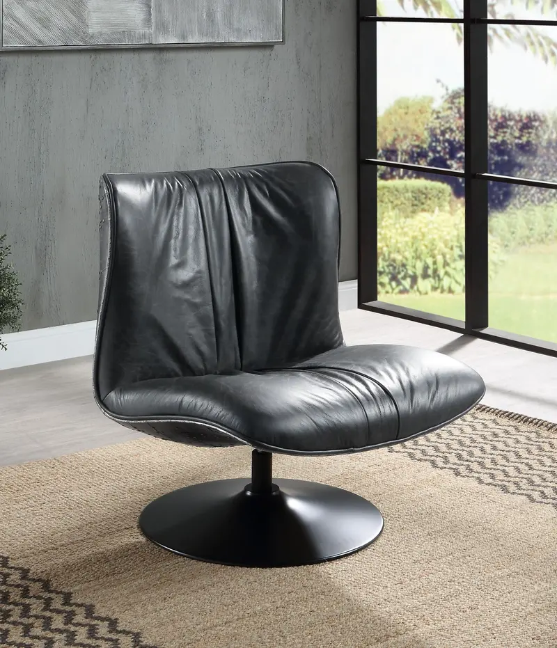 Piotr Black Top-Grain Leather Swivel Accent Chair 1