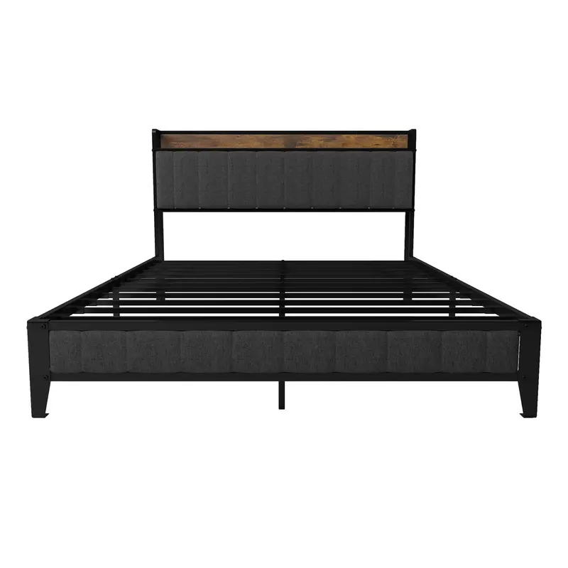Platform Bed With Integrated Charging Ports & Upholstered Wingback Headboard 1
