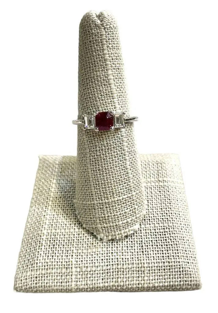 Platinum Ruby Engagement Ring With Half-Baguette Side Stones, 1 Carat Center 1